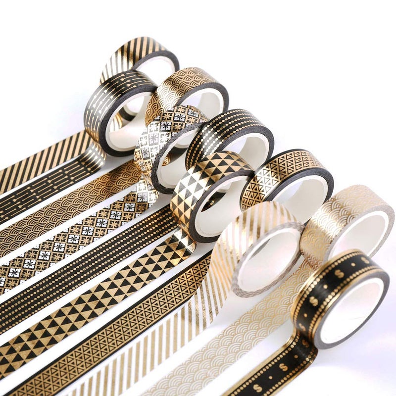 YUBBAEX 10 Rolls Washi Tape Set Black Gold Foil Print Decorative Tapes for Arts, DIY Crafts, Bullet Journals, Planners, Scrapbook, Wrapping (15mm) (Black Gold x 10 Rolls) - Image 1